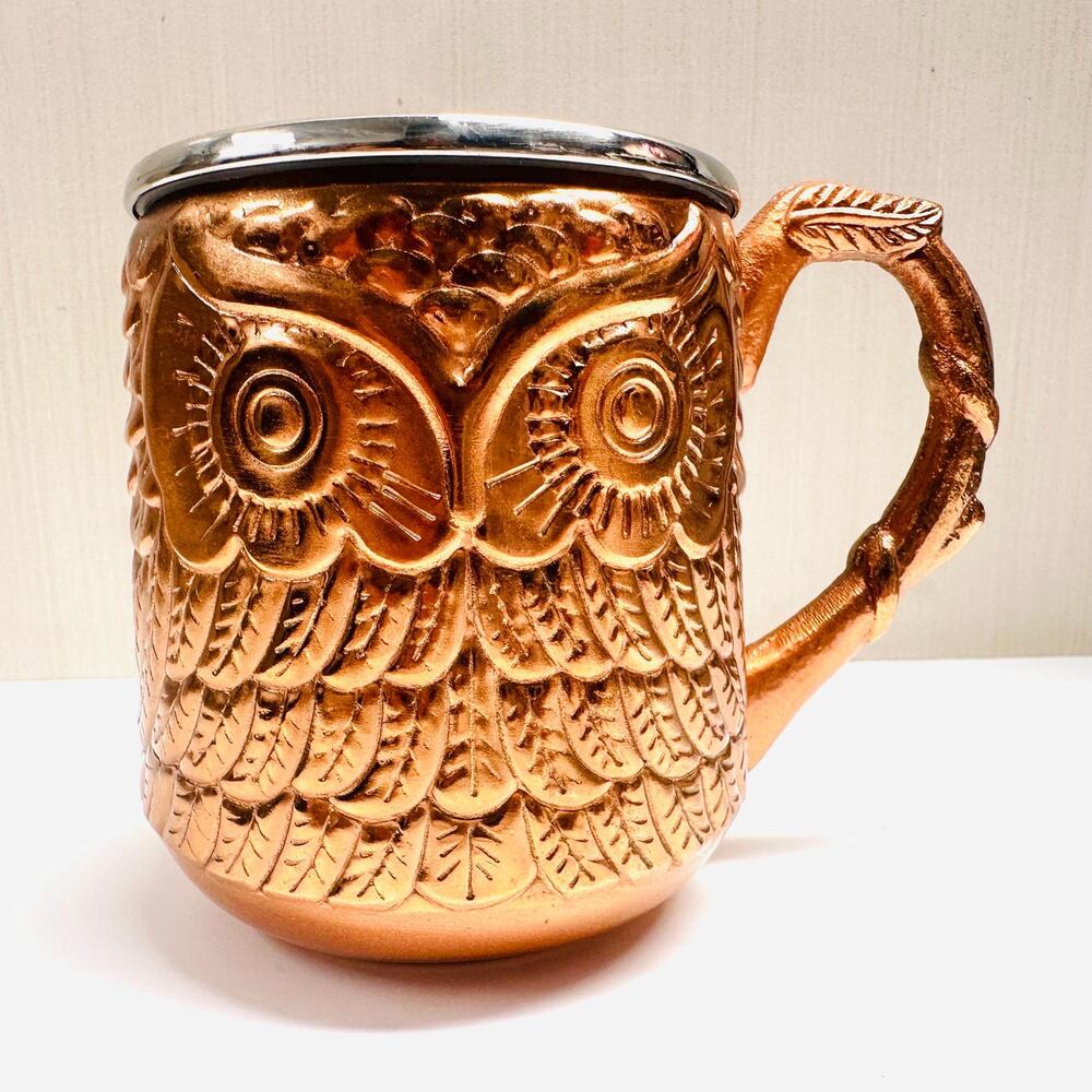 Pier One Metal Owl Mug Embossed Copper and Sulver Toned